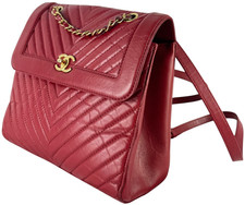 CHANEL Red Quilted Calfskin Chevron Backpack Bag Authenticated Made in France