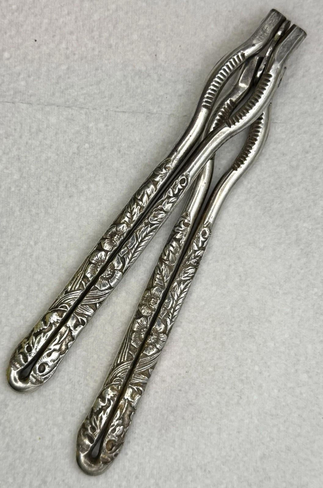 19th Century Victorian Hammered Handle Silver-Plated Nutcracker - Floral Design