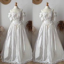 Satin Wedding Dresses Off the Shoulder Short Sleeves Lace Applique Bridal Gown