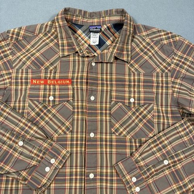 Patagonia New Belgium Brewing Shirt Mens LARGE BRN Plaid Button Up Long Sleeve