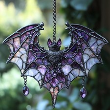 Purple Floral Bat Acrylic Suncatcher   Gothic Faux Stained Glass Window Hanging