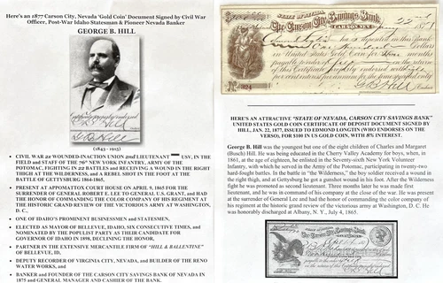 CIVIL WAR WIA GETTYSBURG LT 76th NY INFANTRY HILL DOCUMENT SIGNED CARSON CITY NV