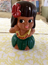 Vintage Chalkware Hawaiian Hula Dancer Doll Grass Skirt, 6" tall and 4" wide