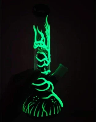 RORA 10inch Glass Water Pipes Fluorescence Glow in The Dark Glass Bong with 14mm