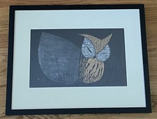 Kaoru Kawano Original Vintage 50s Woodblock Print Framed MOONLIGHT NIGHT Owl MCM