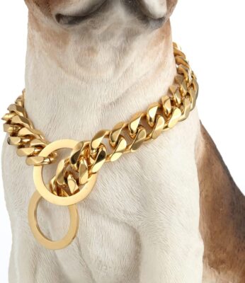 Gold Tone Stainless Steel Cuban Link Chain Dog Collar 12-26'' for S,M and L Dogs