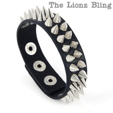 Gothic Punk Black Leather Band Bracelet with 2 Rows of Silver Spikes