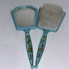 Vintage Girls Vanity Hand Mirror And Brush Set Powder Blue Floral/168b