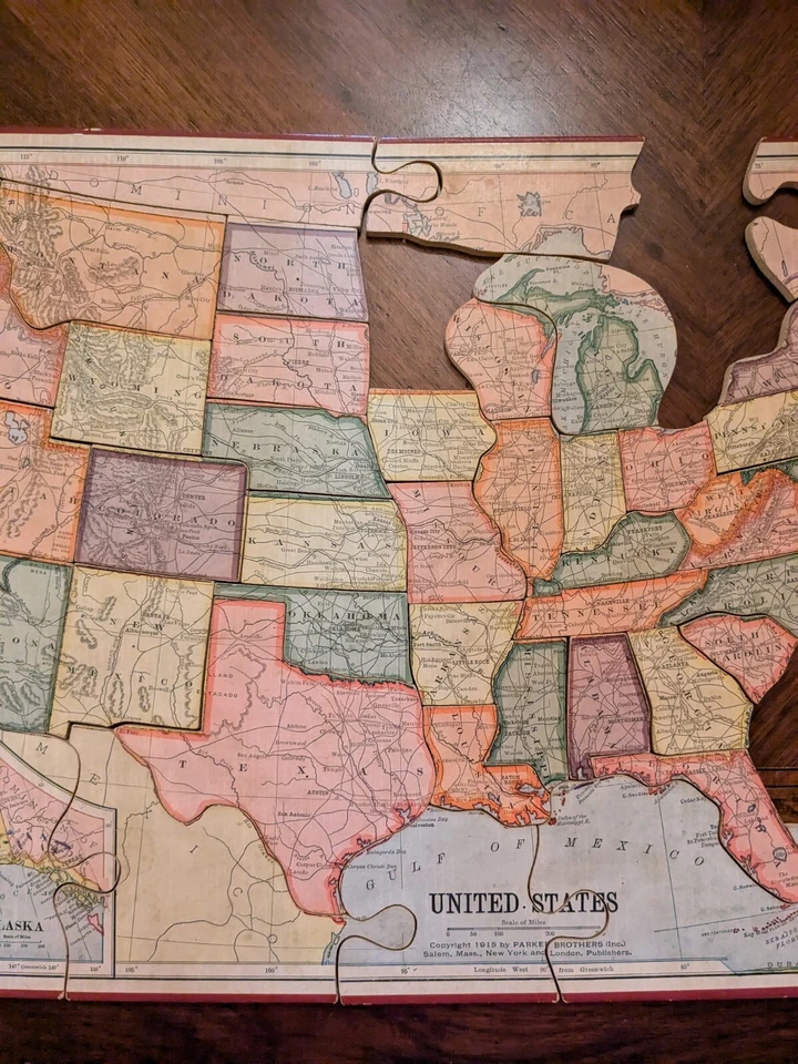 Antiguo mapa rompecabezas Parker Brothers Estados Unidos 1915 incompleto 54 piezas sin caja Foto 3 de 4