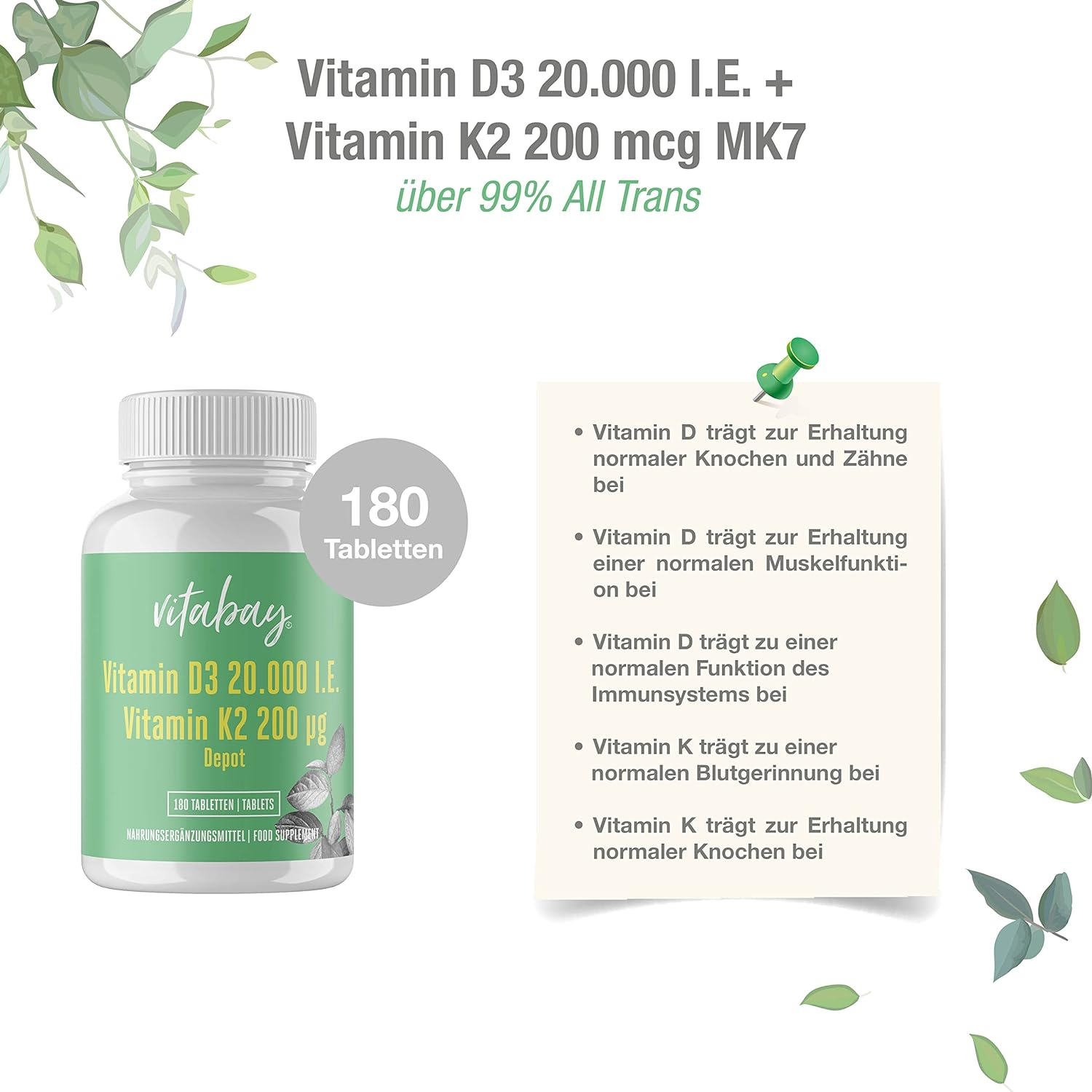 Vitabay Vitamin D3 K2 20000 IE 180 VEGANE Tabletten Hochdosiert eBay