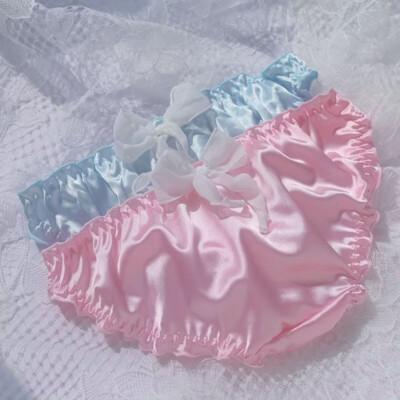 Cute Mori Girls Panties Briefs Faux Satin Bow Underpants Lolita Ruffles Womens 