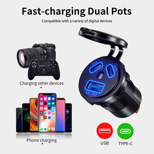 45W USB Charger Socket Dual PD Type-C Car USB Charger for Car Marine Motorcycle - Photo 2 sur 18