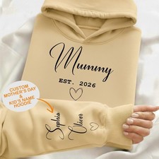 Custom Printed Mummy est. Hoodie with Kids Name on Sleeve, Mother's Day Gift