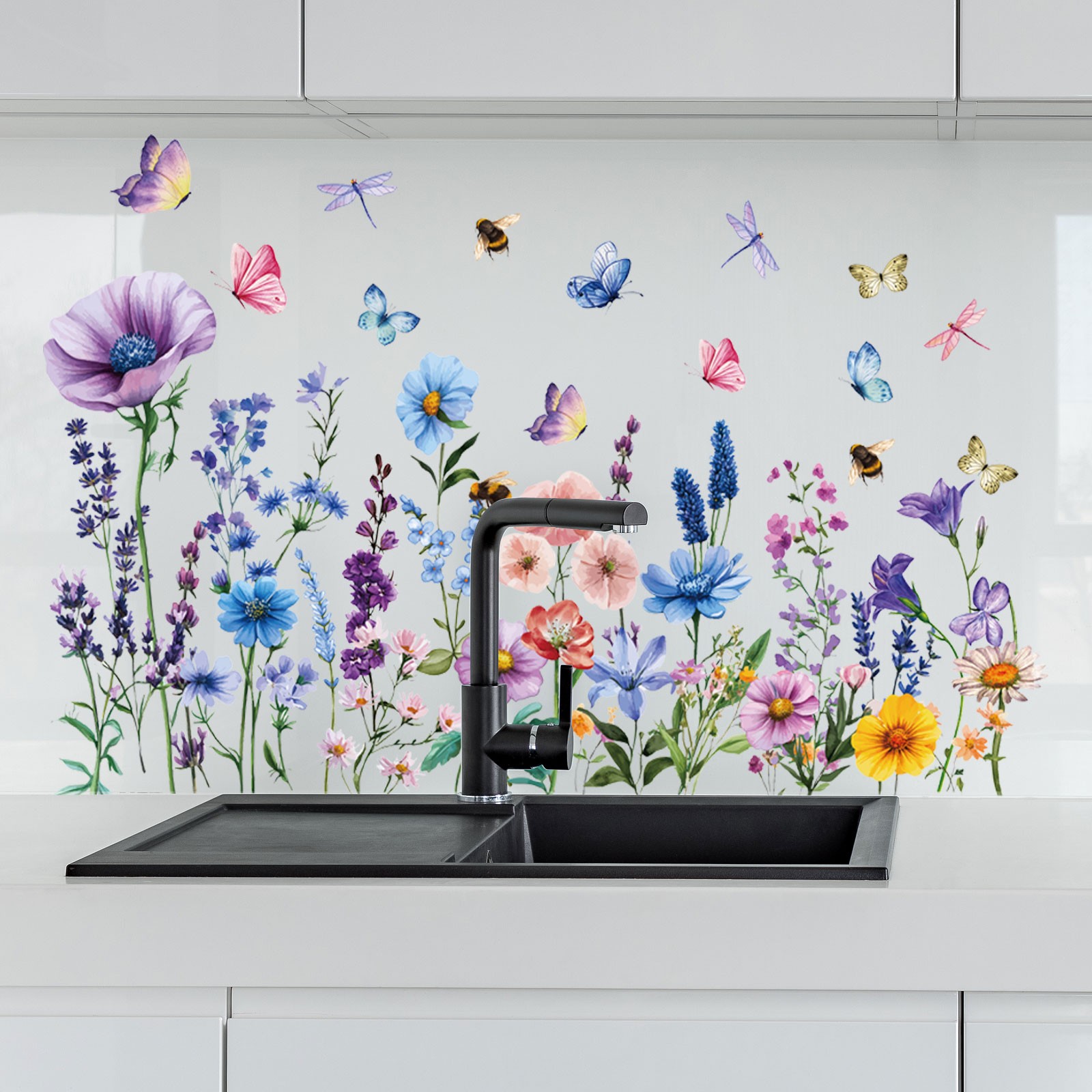 Watercolor Floral Wall Stickers with Colorful Dragonflies, Peel and Stick Mural