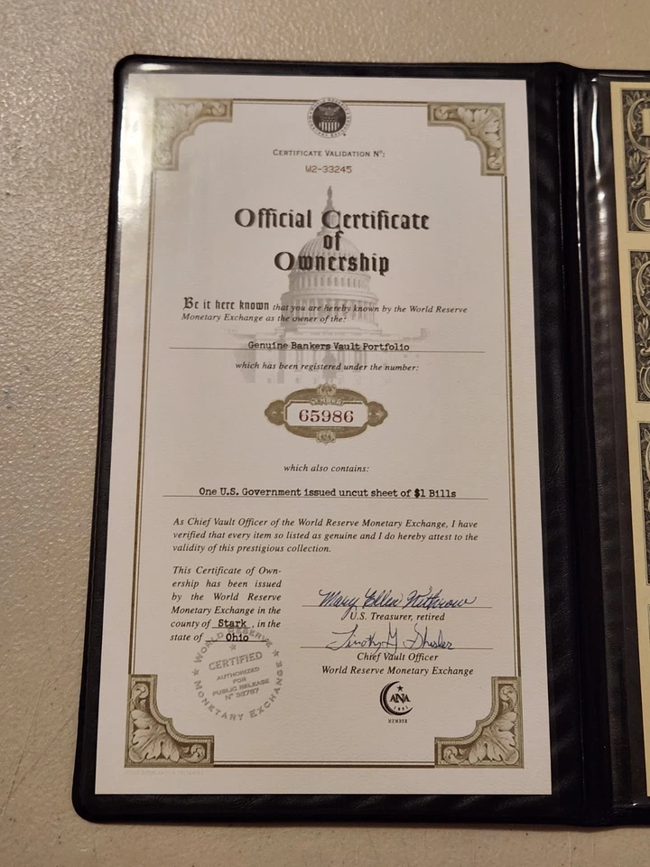 2009 World Reserve Monetary Exchange (4) 1$ One Dollar UNCUT Sheet Folio & COA - Image 2 of 4