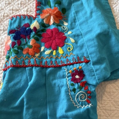 Girls Blue Multicolor Kaftan Dress Embroidered Peacock Floral Knee Length