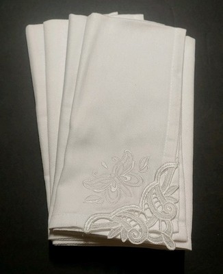 Set of 4 Handmade Dinner Napkins White Cotton Machine Embroidered 18''x18''