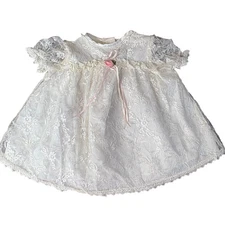 Vintage Brooke Lindsay Baby Dress Lace Ivory Pink Rose Ribbon Ruffles Size 6-9M
