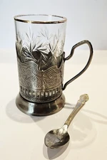 Russian Vintage Tea Glass with Metal Holder – Gold Rim and spoon