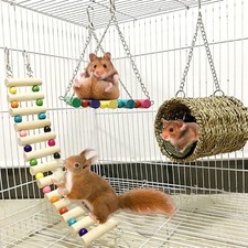 Hamster Hanging Hammock Basket Wooden Rat Ladder Swing Set Cage Toys 3 Piece