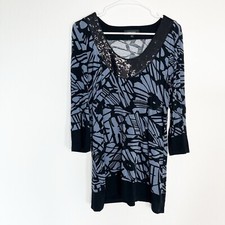Karen Kane Blue Black Print Sequins Blouse  Tunic XL