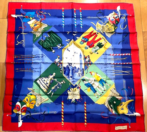 Hermes "LE CARNAVAL DE VENISE" 100% Silk carry 90cm Scarf Red Multi-color #3543 - Picture 2 of 11
