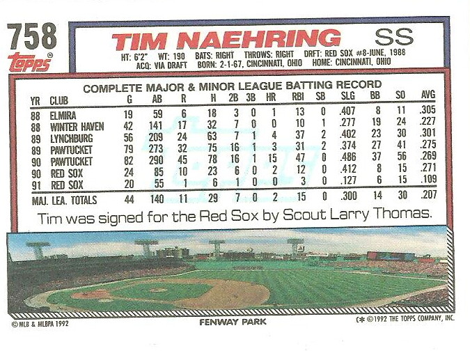 TIM NAEHRING BOSTON RED SOX #758 - TOPPS NM-MT 1992 | eBay