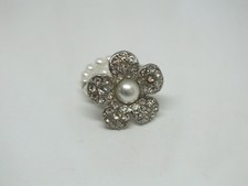 Beautiful Silver Tone Cocktail Ring Stretch White Beads Clear Rhinestones 1" Fac