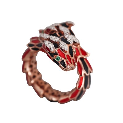 Alexis NY Rose Gold Silver Enamel Diamond Emerald Dragon Bypass Ring