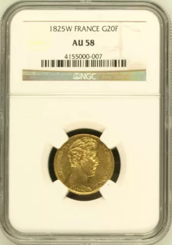 FRANCE , GOLD 20 FRANCS 1825 W - LILLE MINT - NGC AU 58 , RARE2