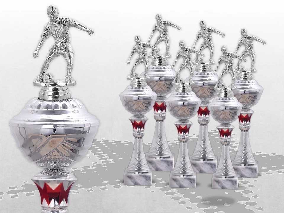 VEREINSSTORE 6er FUSSBALL Pokale mit Figur Pokalserie mit Gravur TOP Preis silber / rot
