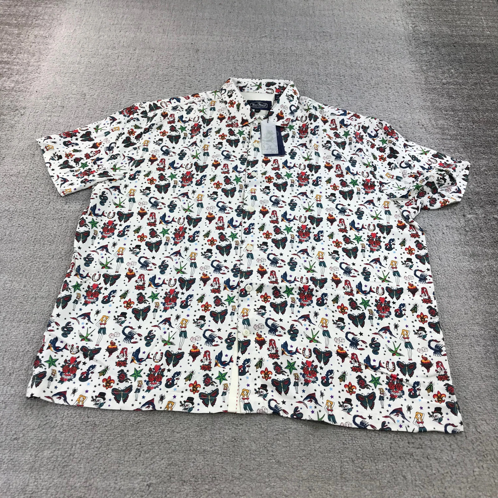 Nat Nast Shirt Mens Extra Large Button Up Silk Tattoo Art All Over Print Red