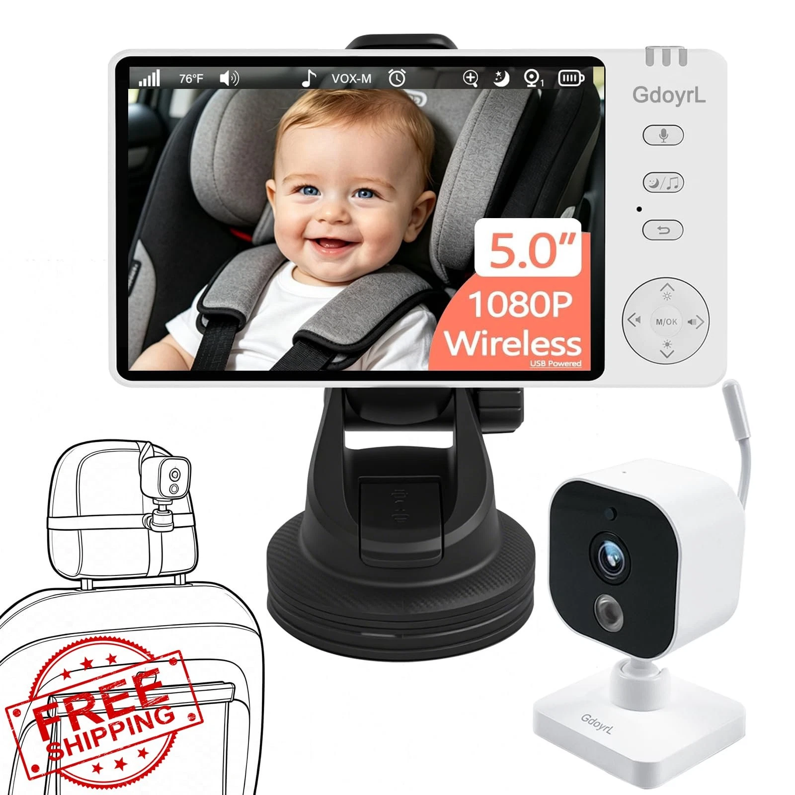 GdoyrL Wireless Baby Car Camera White A