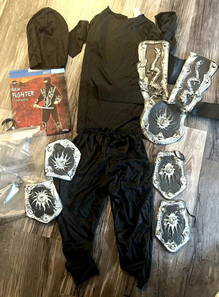 Disfraz de Luchador Ninja Talla Pequeña 6 Niños Traje de Halloween Negro Plata Conjunto de Armadura Foto 3 de 4