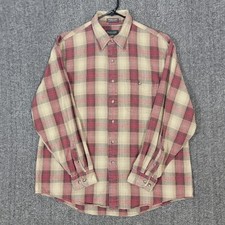 Van Heusen Premium Flannel Shirt Mens Large Tan Red Plaid Long Sleeve Button Up