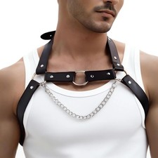 Men's Chest Harness with Chain, Adjustable PU Leather Body Adjustable, Black