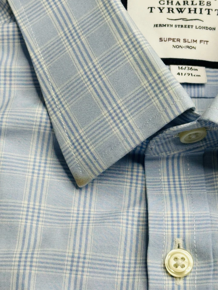 Camisa Charles Tyrwhitt Para Hombres 16 36 Grande Azul A Cuadros Vestido Súper Ajustado Sin Planchar Foto 3 de 4