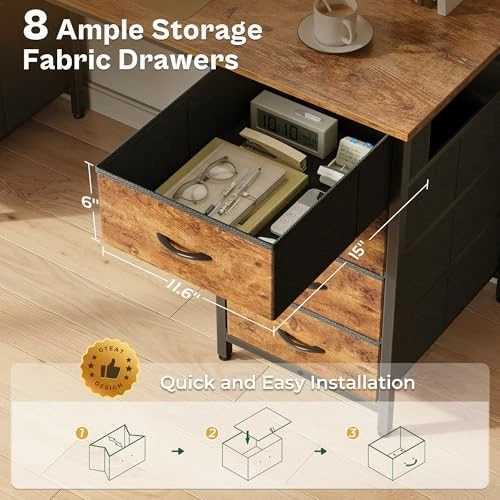  55 Inch Computer Desk with 8 Fabric Drawers, Office Desk 54 inch Rustic Brown - Image 4 of 4