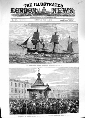 Original alter antiker Druck 1881 Schiff Doterelstraße Magellan Gedenkkapelle