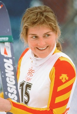 Karen Percy of Canada waits in the finish area after skiing to a b- Old Photo