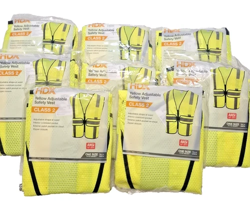 Lot Of 8 HDX Class 2 Hi Yellow Safety Vest Adjustable 2 Pockets Zipper - product listing photo