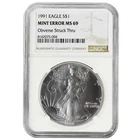 1991 $1 American Silver Eagle NGC MS69 Mint Error Obverse Struck Thru Brown