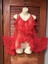 50s 60s Vintage Sheer Red Chiffon Tulle Nightgown Babydoll Lingerie M Robe Bed