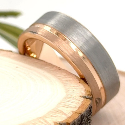 Premium Rose Gold & Silver Tungsten Band Matte Finish and Stepped Edges Ring