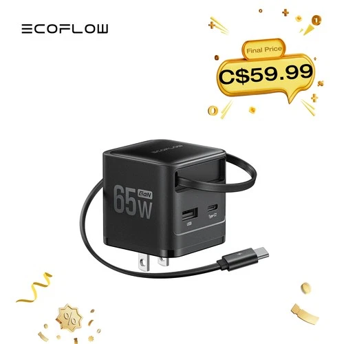 EcoFlow 65W USB-C Charger with Retractable Cable 3-in-1 Fast Charger Compatible