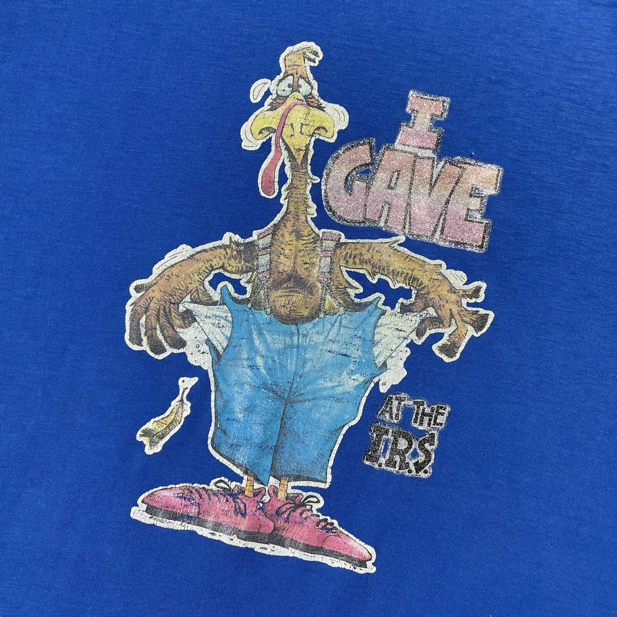 VINTAGE 80s IRS Tax Iron On T Shirt Chicken Size XL Humor Funny 
