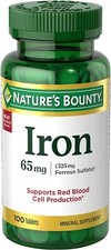 Nature's Bounty Iron 65mg (325mg Ferrous Sulfate)x100 Tablets Mineral Supplement