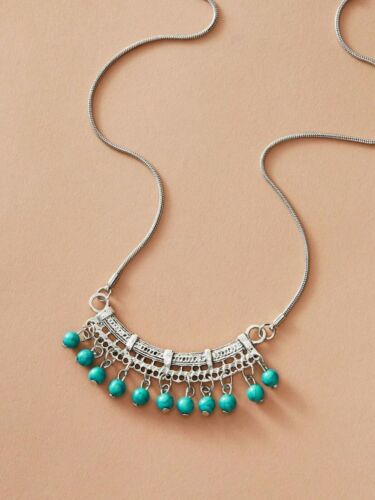 Tribal Ethnic Antique Silver Chain Turquoise Bead Bib Necklace Boho Blue Jewelry - Picture 1 of 5