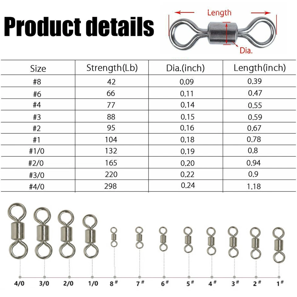 100/50x Rolling Barrel Swivel 42-330lb Fishing Swivels Solid Ring #1-#8,1/0-6/0 - Image 2 of 4
