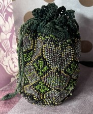 Vintage green and black micro beaded Reticle draw string purse
